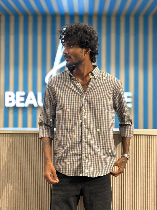 Beige Embroidery Checked Shirt
