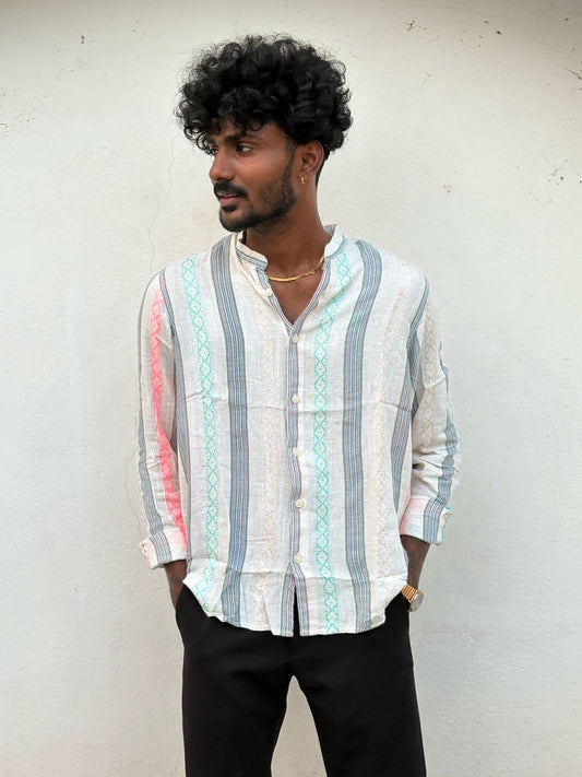 Grey And White Mandarin Collar Shirt