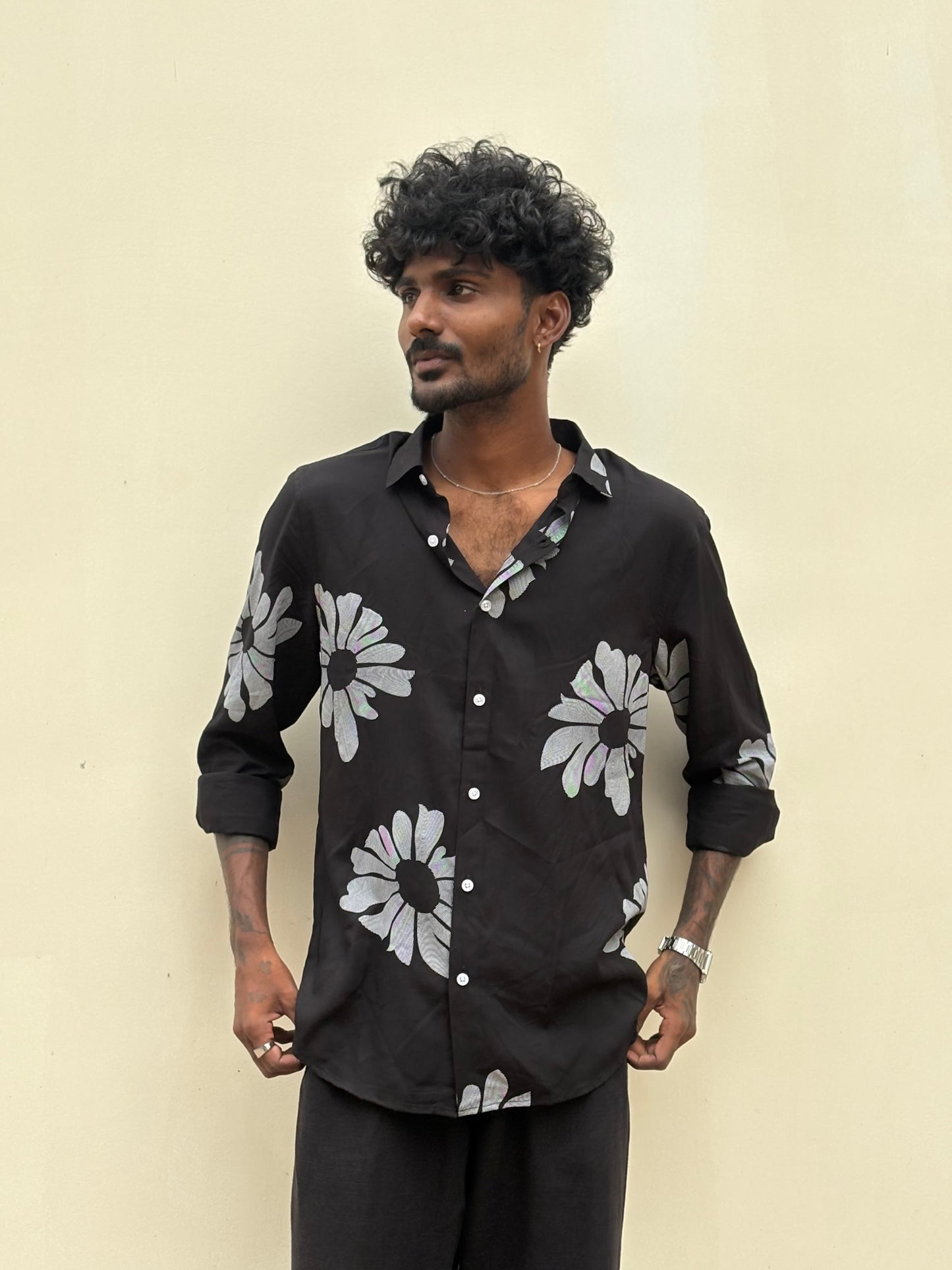 Black Rayon Viscose Printed Shirt