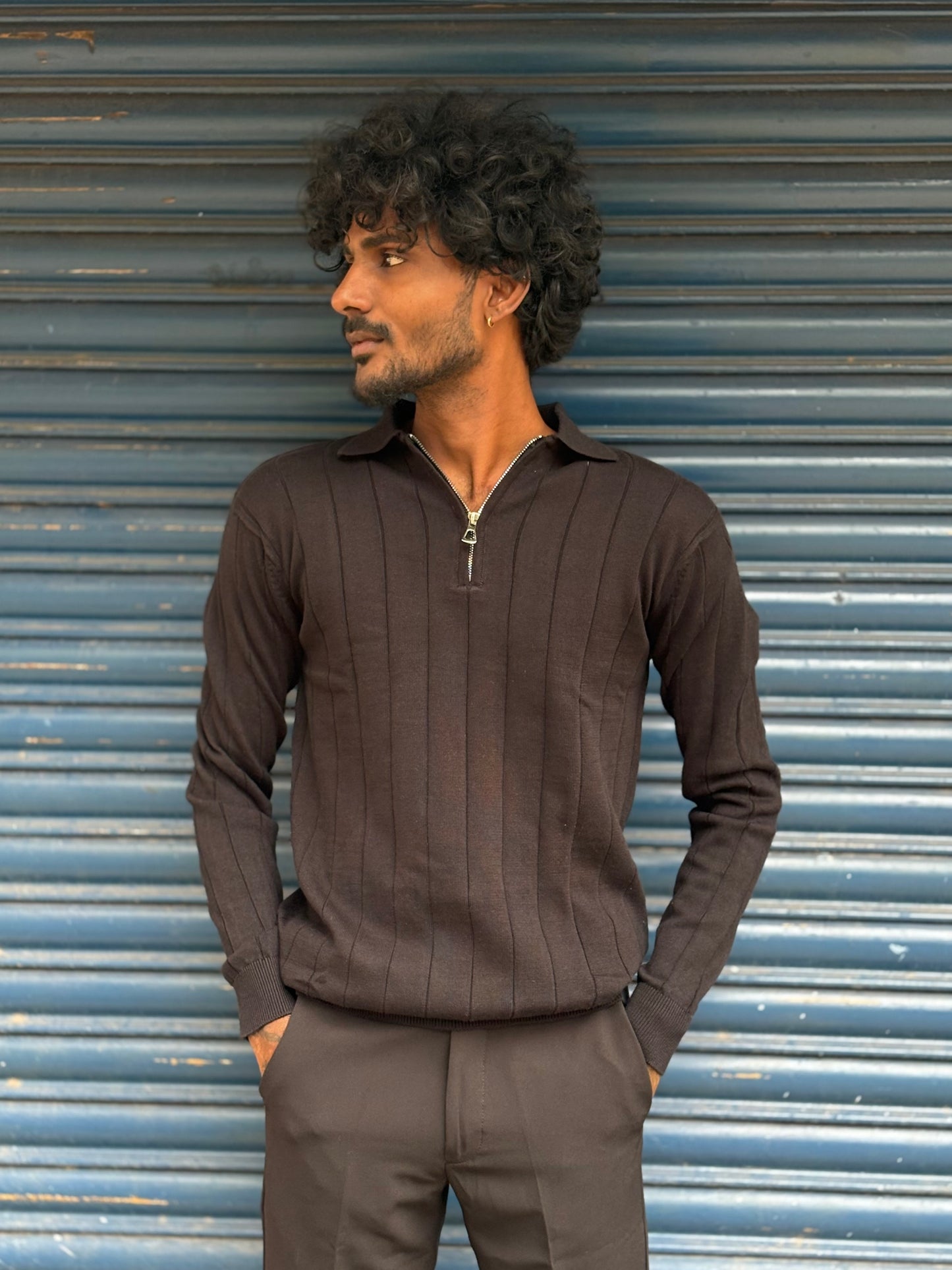 Black Zipper Polo Full Sleeve Tshirt