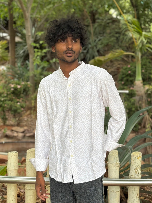 White And Pink Mandarin Collar Shirt