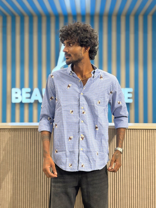 Blue Embroidery Checked Shirt