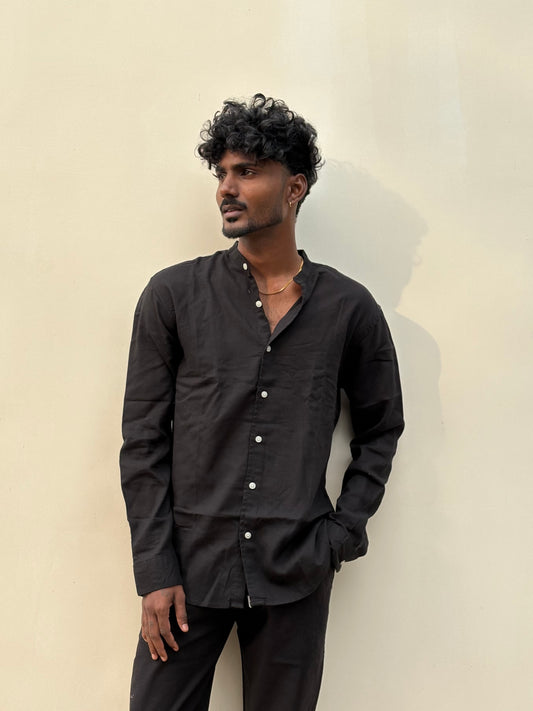 Black Linen Mandarin Collar Shirt