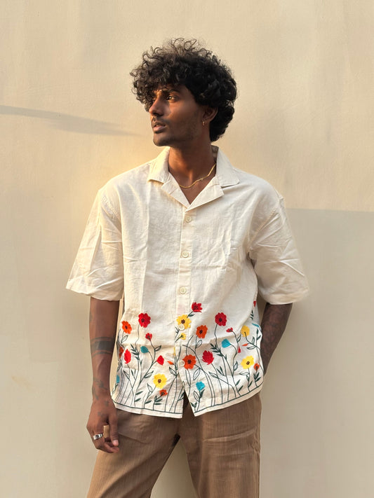 Cream Embroidery Linen Shirt