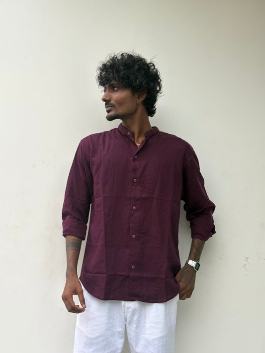 Wine Maroon Linen Mandarin Collar Shirt