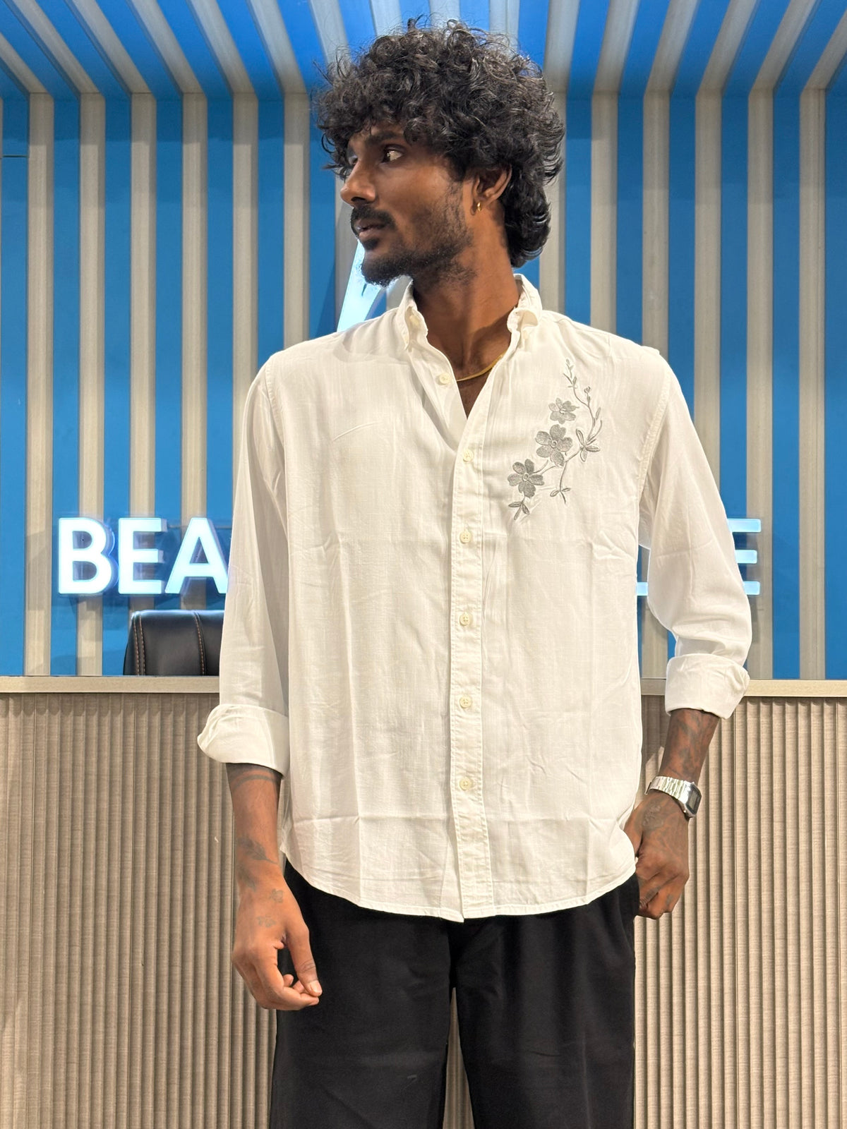 White Chest Embroidery Shirt