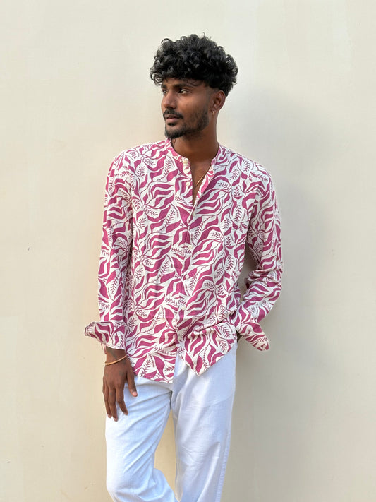 Pink Linen Mandarin Collar Shirt