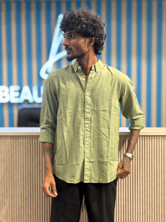 Green Linen Striped Shirt