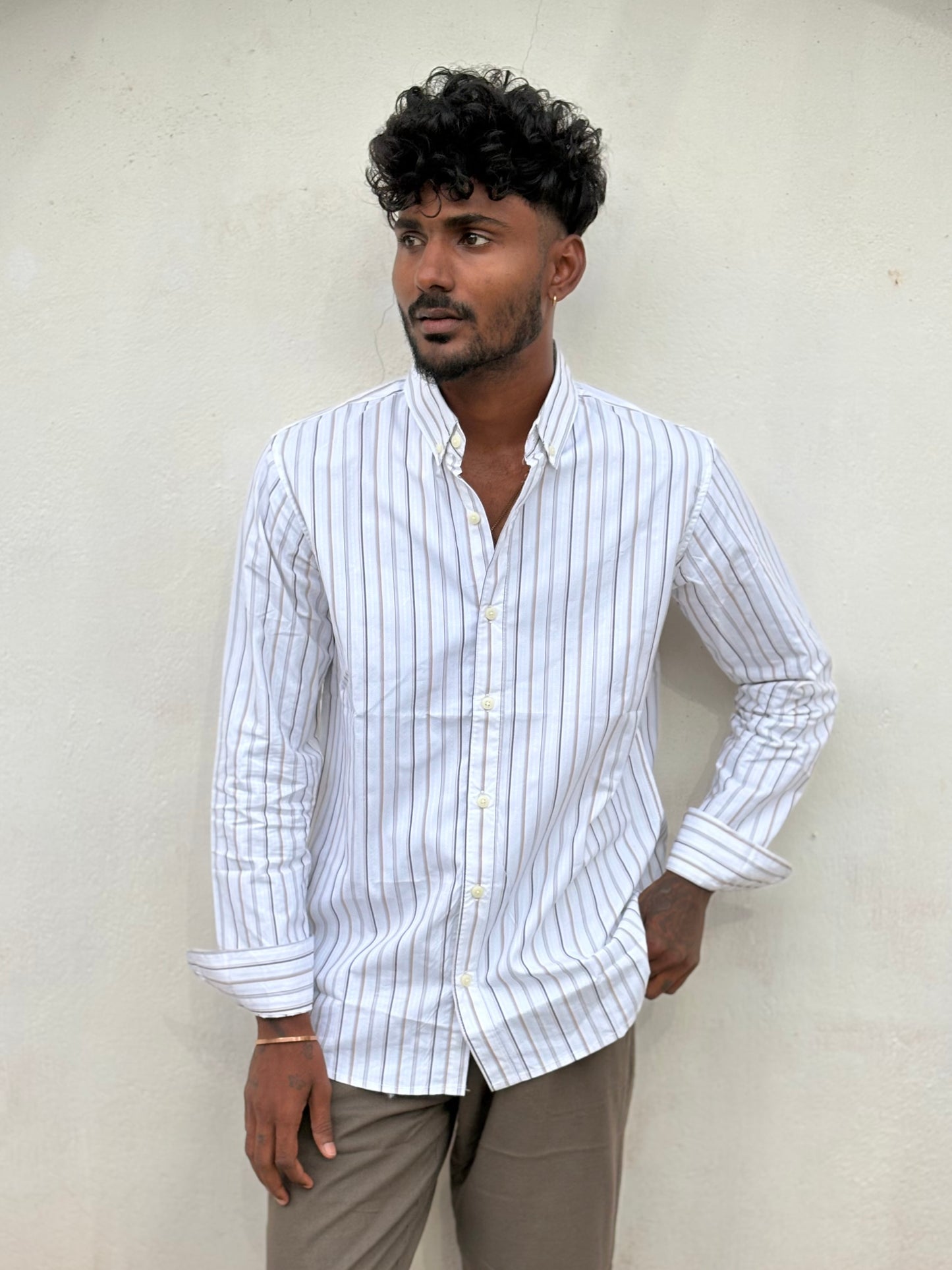 White And Brown Striped Old Money Shirt