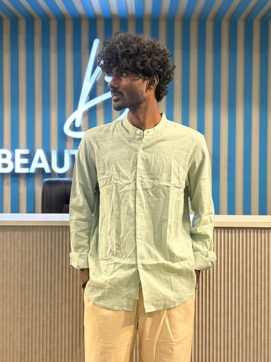 Green Linen Mandarin Collar Shirt