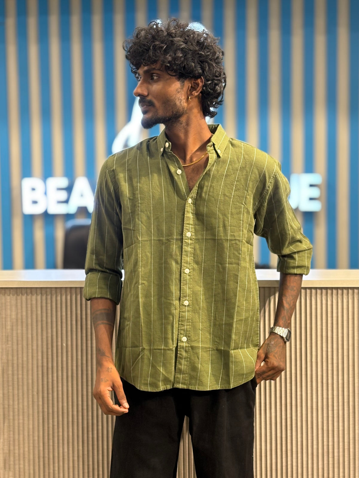 Green Linen Striped Shirt