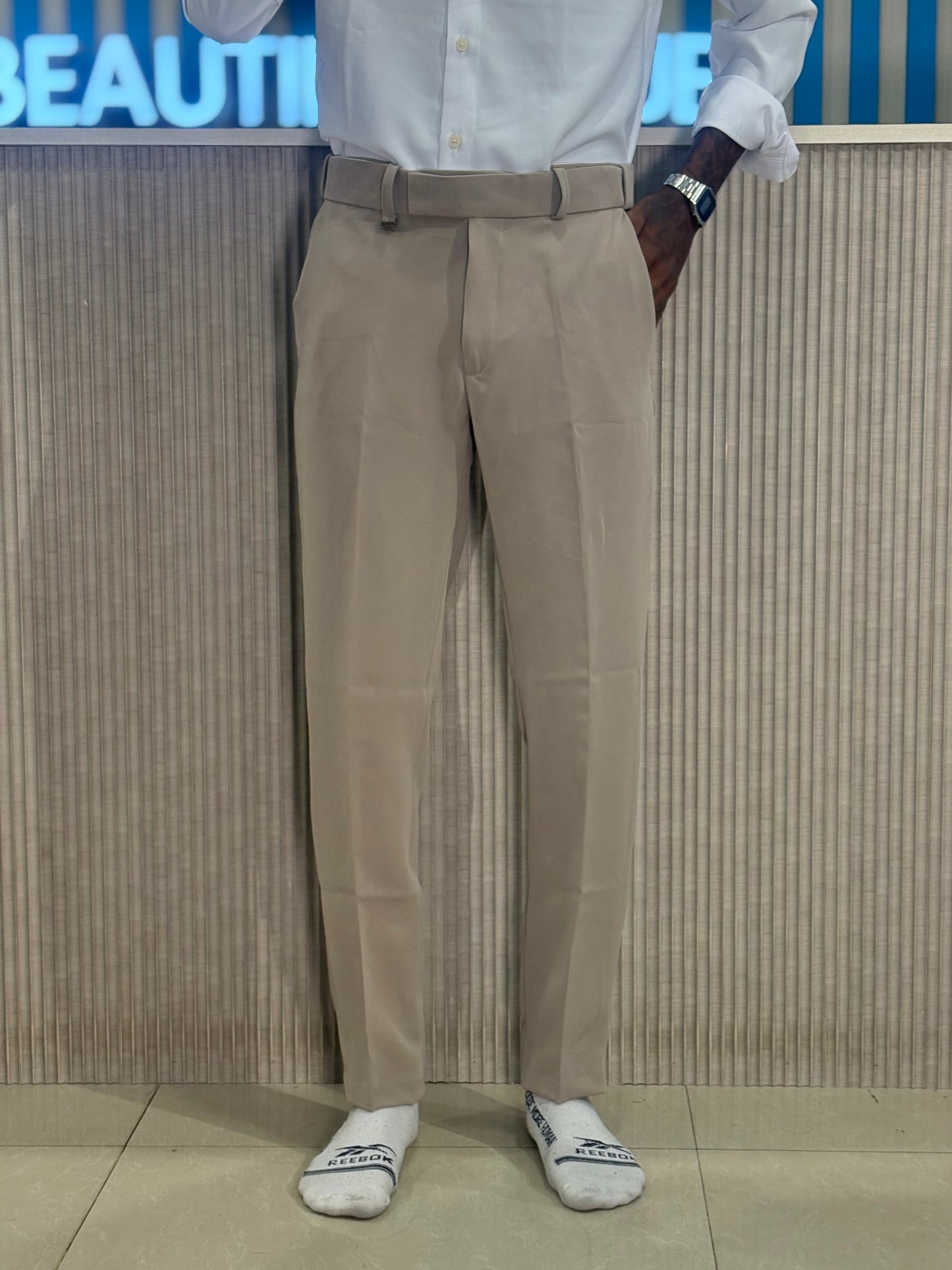Cream Polo Fit Flexi Waist Formal Pants