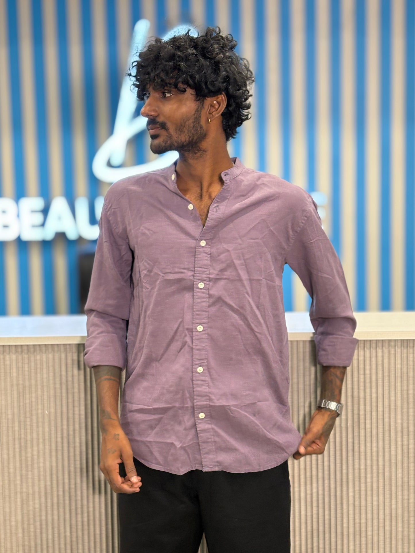 Lavender Linen Mandarin Collar Shirt