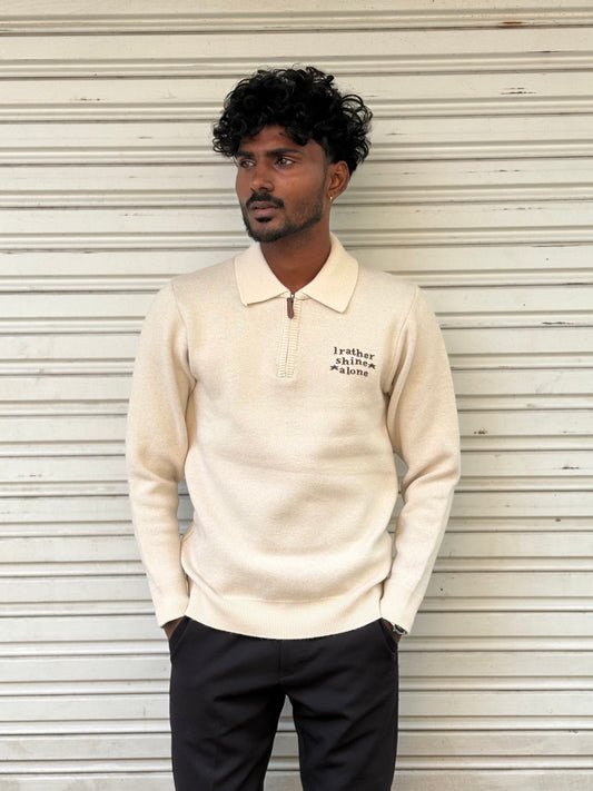 Beige Zipper Polo Full Sleeve Tshirt