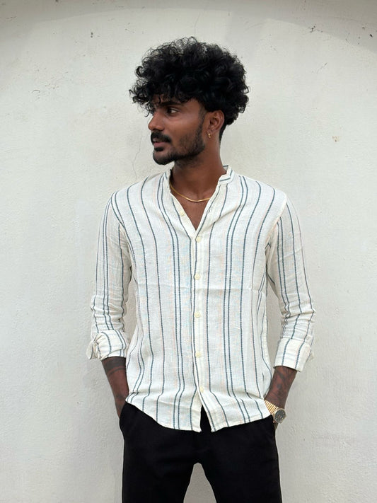 White And Blue Mandarin Collar Shirt