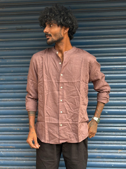 Biscuit Linen Mandarin Collar Shirt