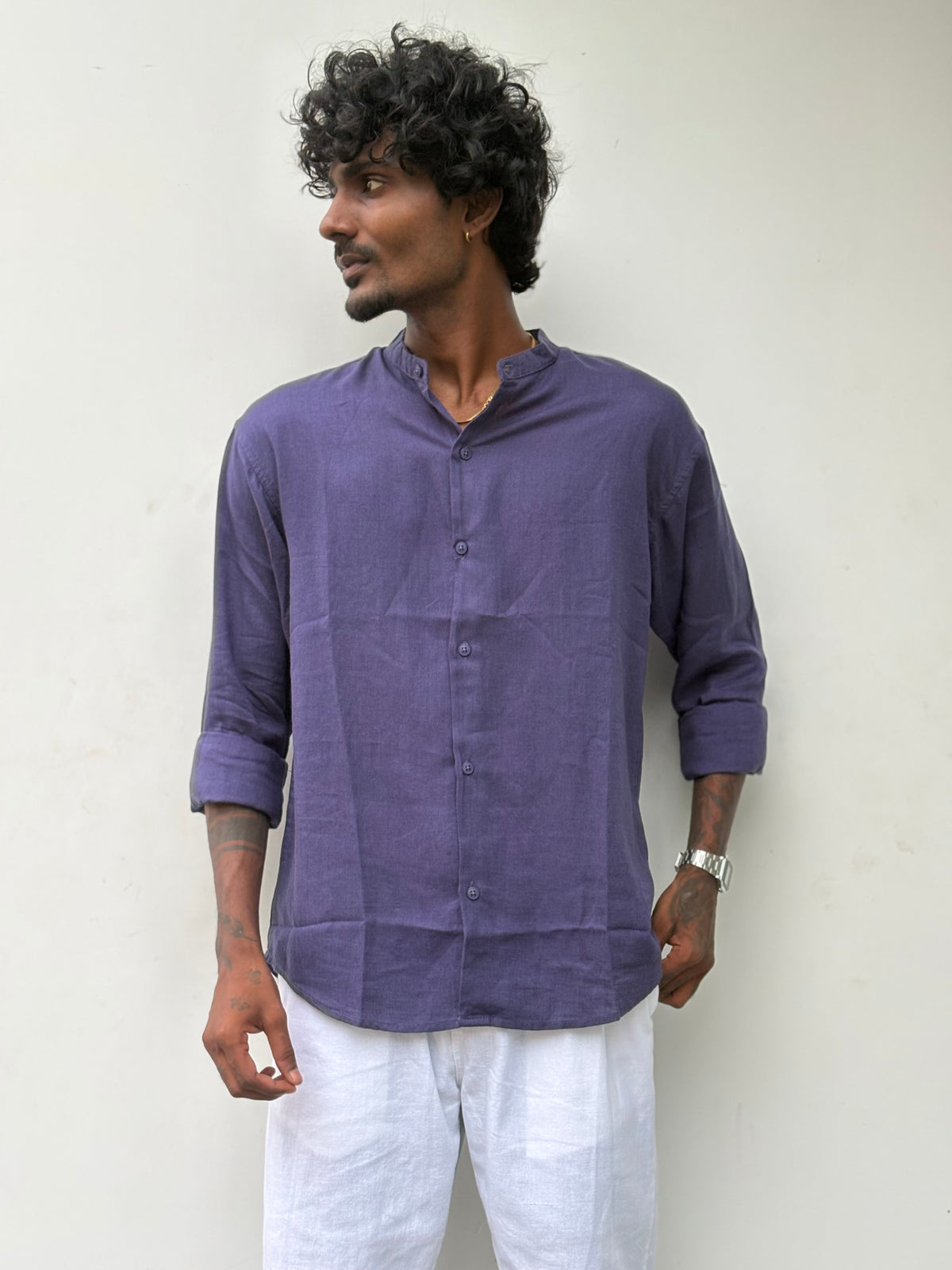 Purple Linen Mandarin Collar Shirt