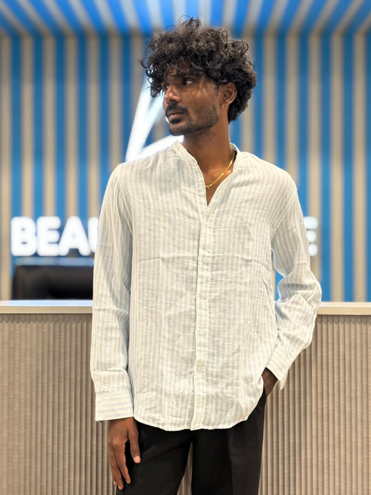 Blue Linen Striped Mandarin Collar Shirt