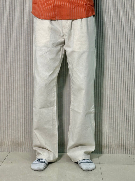Cream Linen Relaxed Fit Draw String Pants