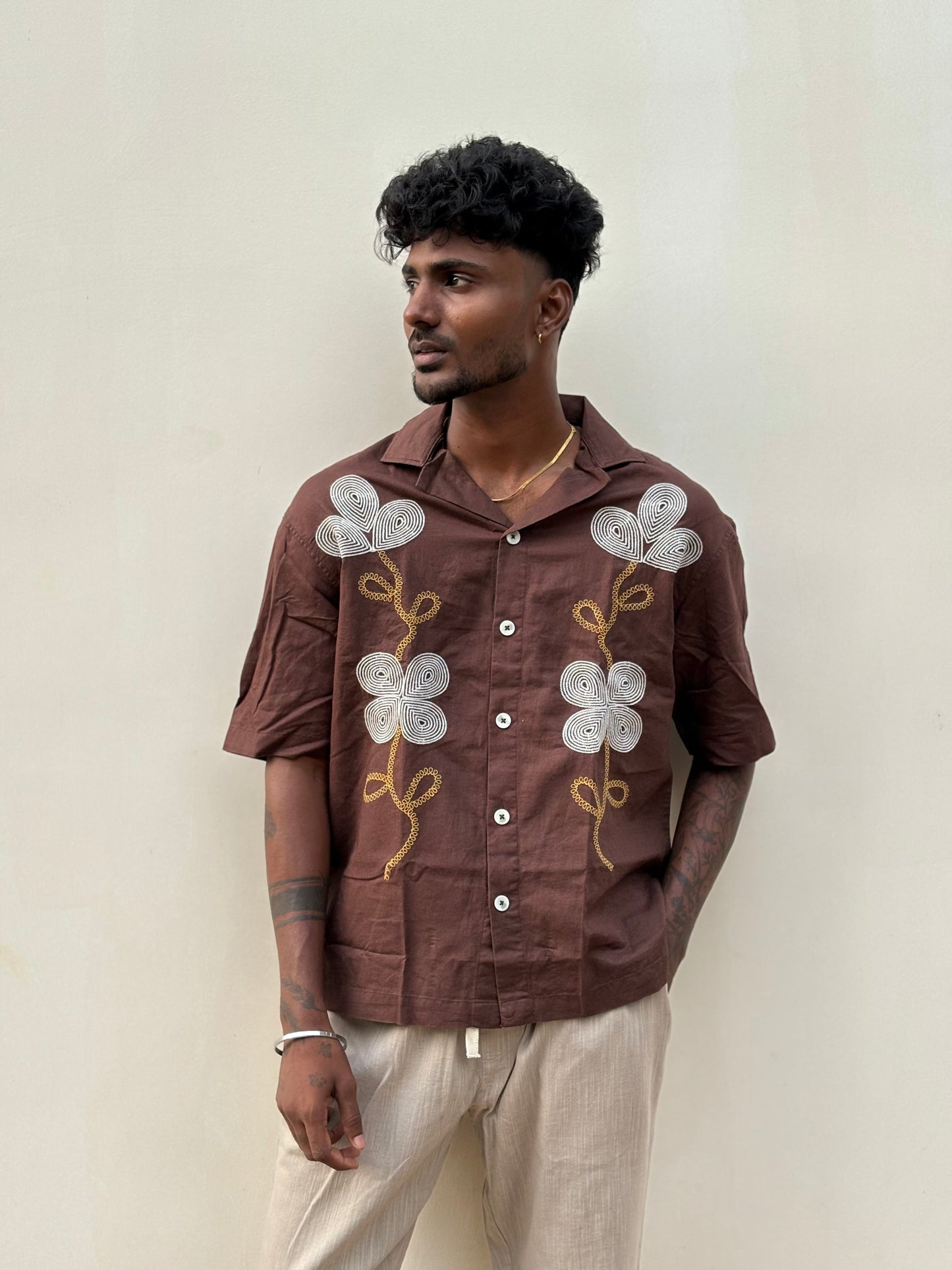 Brown Embroidery Linen Shirt