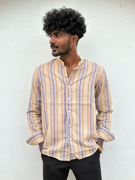 Brown And Purple Mandarin Collar Shirt
