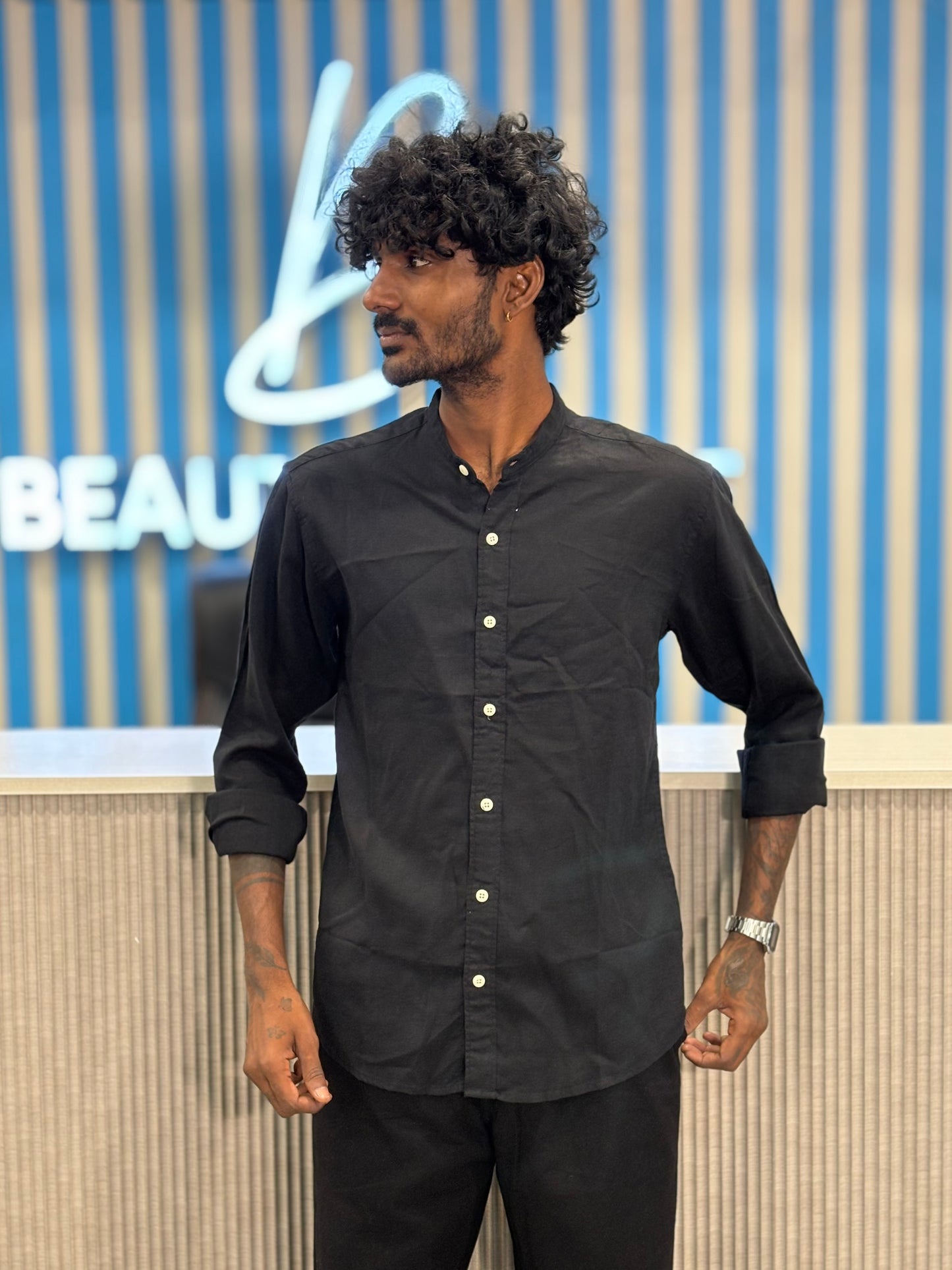 Black Linen Mandarin Collar Shirt