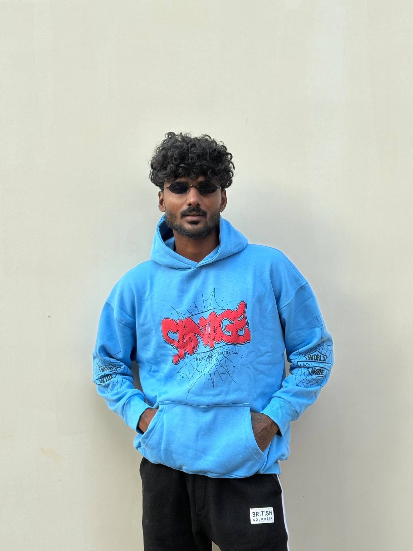 Blue Printed Oversized Hoodie