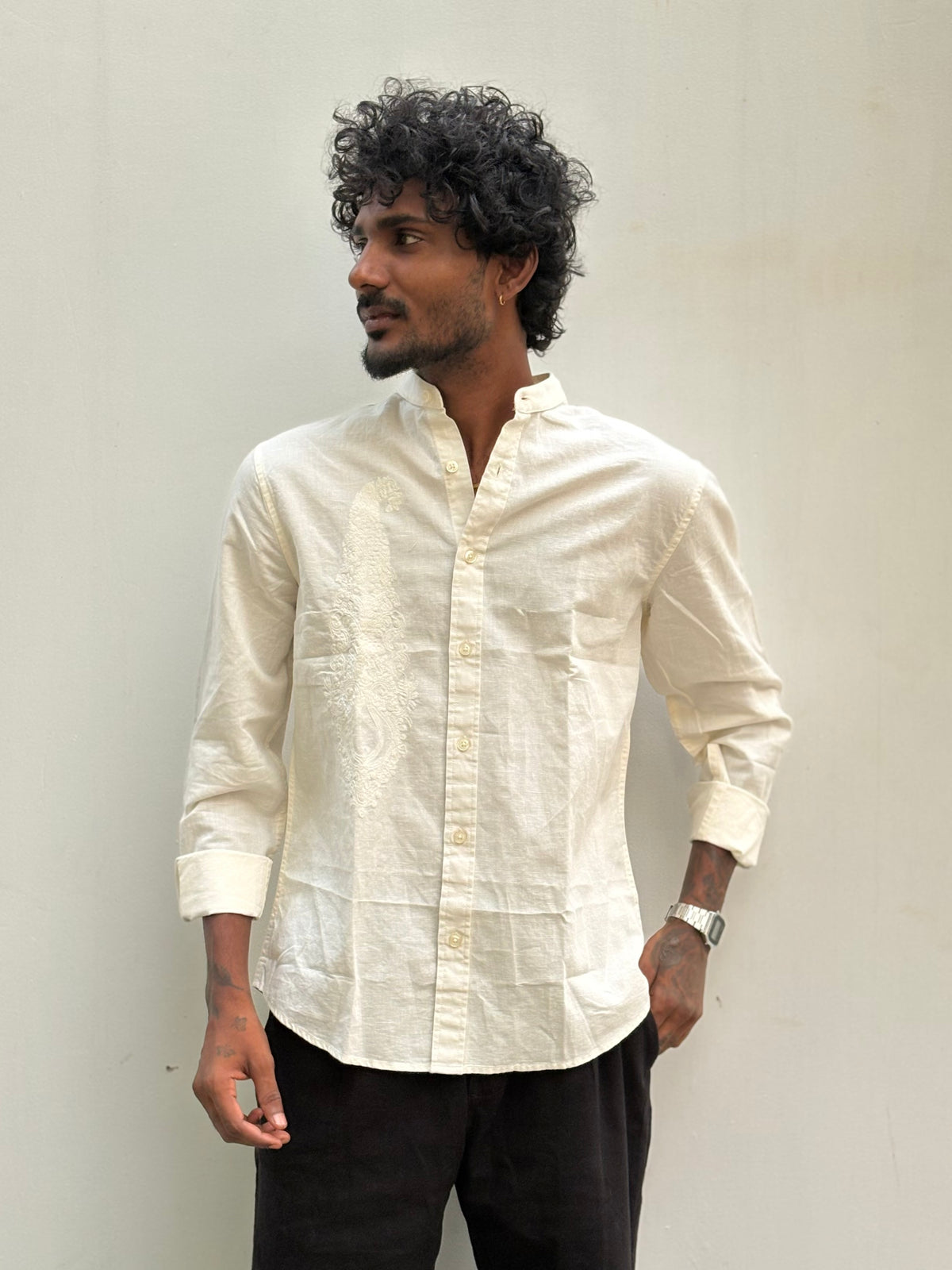 Off White Linen Embroidery Shirt