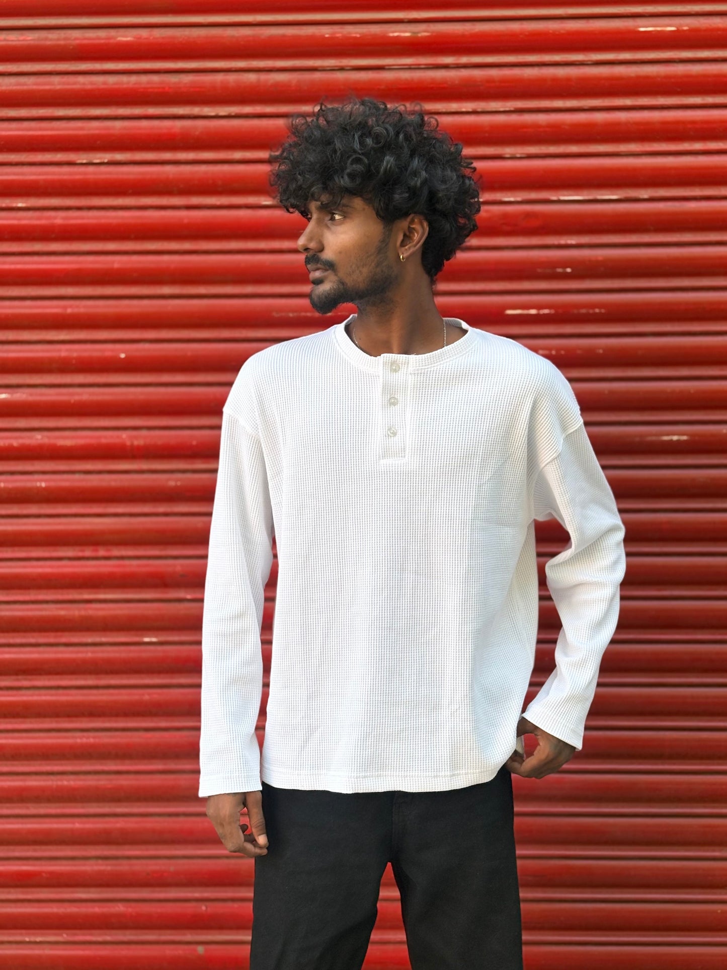 White Henley Full Sleeve Tshirt