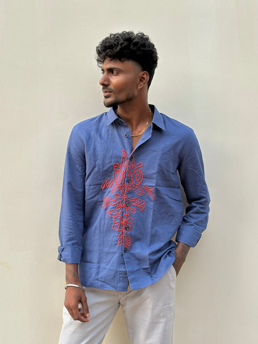 Blue Embroidery Linen Shirt