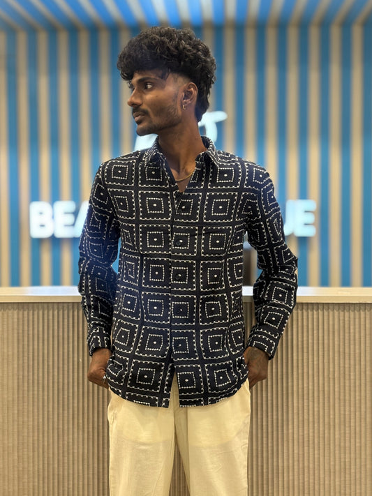 Navy Blue Jacquard Cotton Shirt