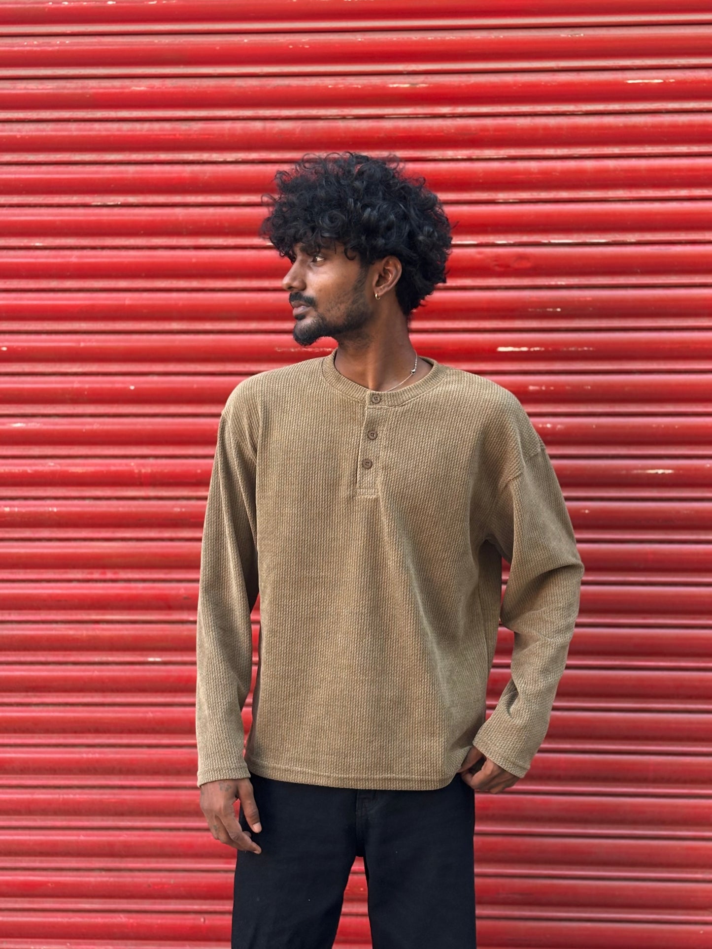 Brown Henley Full Sleeve Tshirt