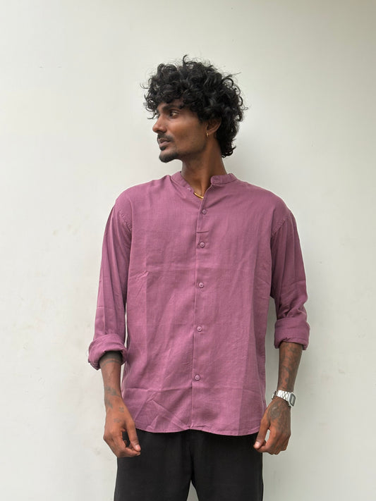Onion Pink Linen Mandarin Collar Shirt