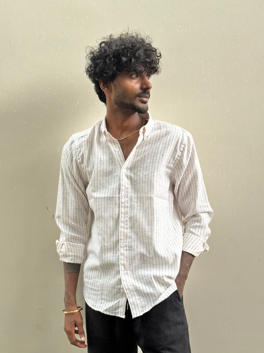 White And Maroon Striped Linen Shirt