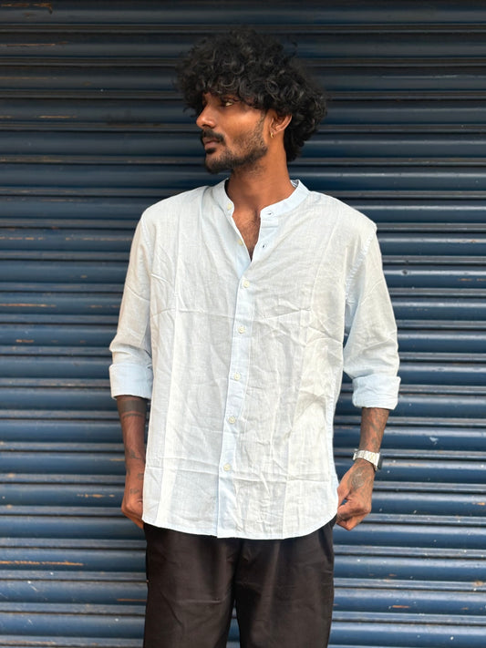 Light Blue Linen Mandarin Collar Shirt