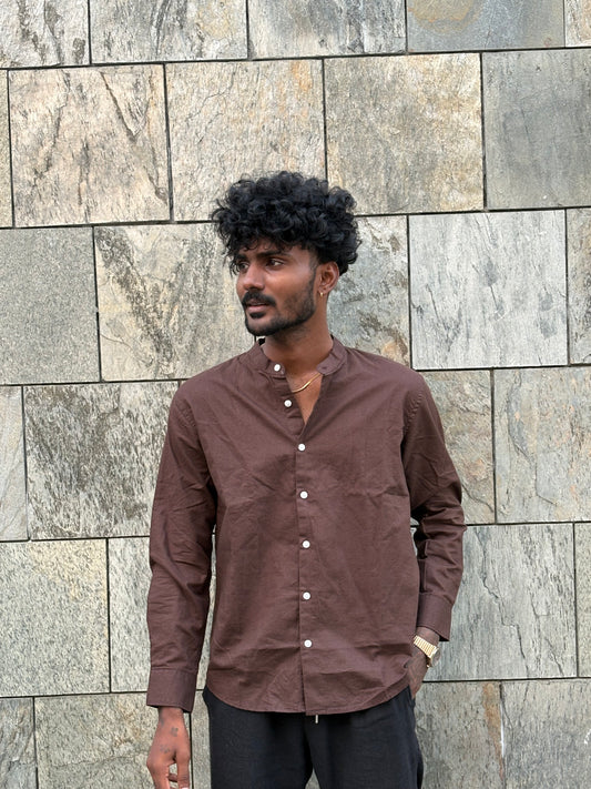 Brown Mandarin Collar Shirt