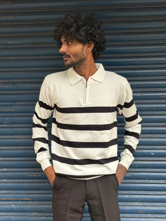 White Zipper Polo Full Sleeve Tshirt