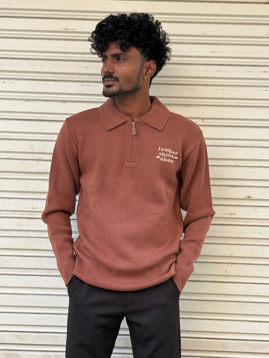 Brown Zipper Polo Full Sleeve Tshirt