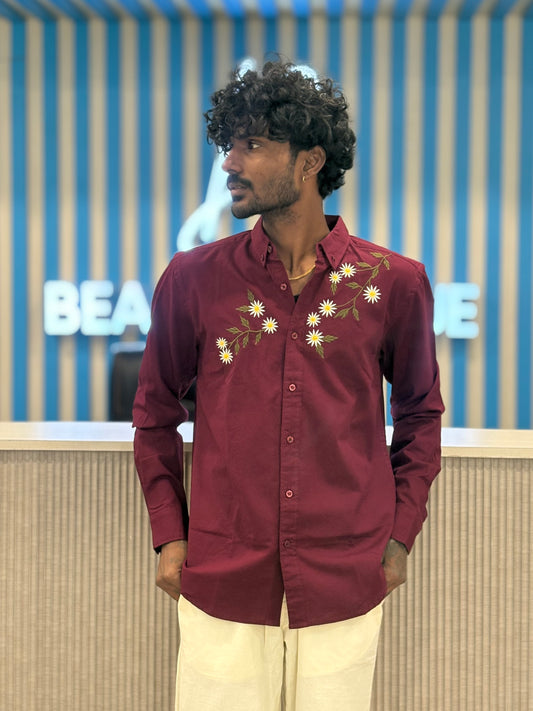 Maroon Linen Embroidery Shirt