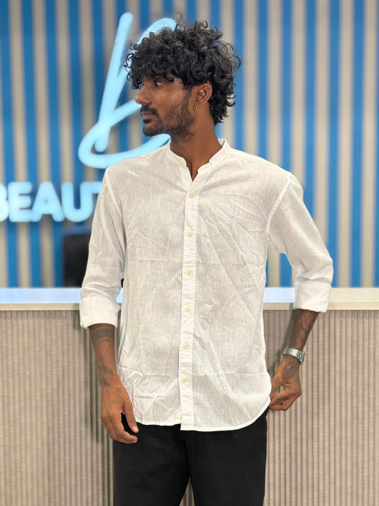 White Linen Mandarin Collar Shirt