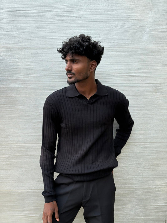 Black Textured Full Sleeve Polo T-shirt