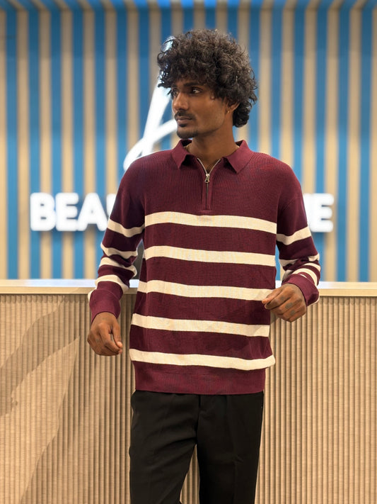 Maroon Zipper Polo Full Sleeve Tshirt