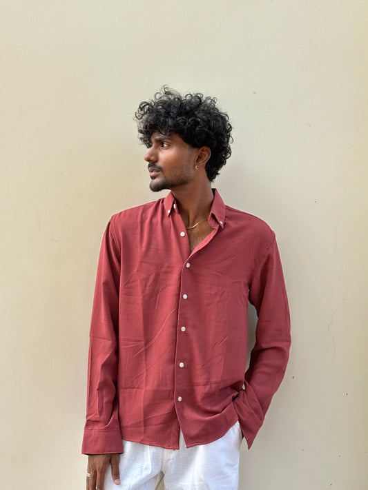 Creased Red Imported Crush Fabric Shirt
