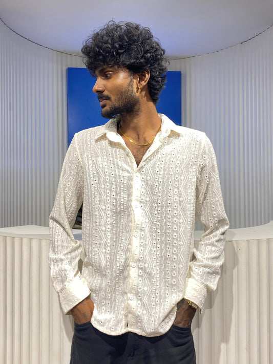 Cream Designer Crochet Shirt