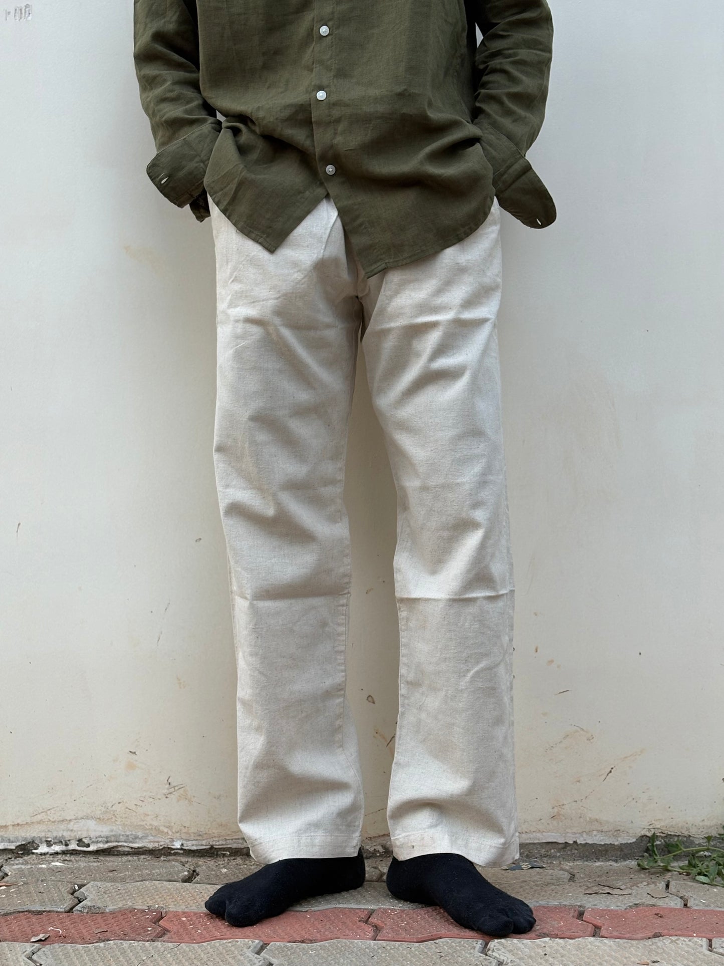 Beige Linen Relaxed Fit Draw String Pants