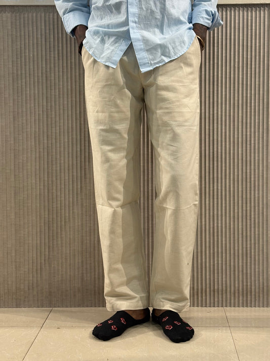 Cream Linen Relaxed Fit Draw String Pants