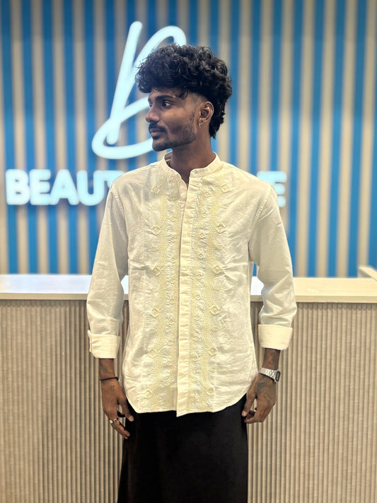 Off White Mandarin Embroidery Shirt