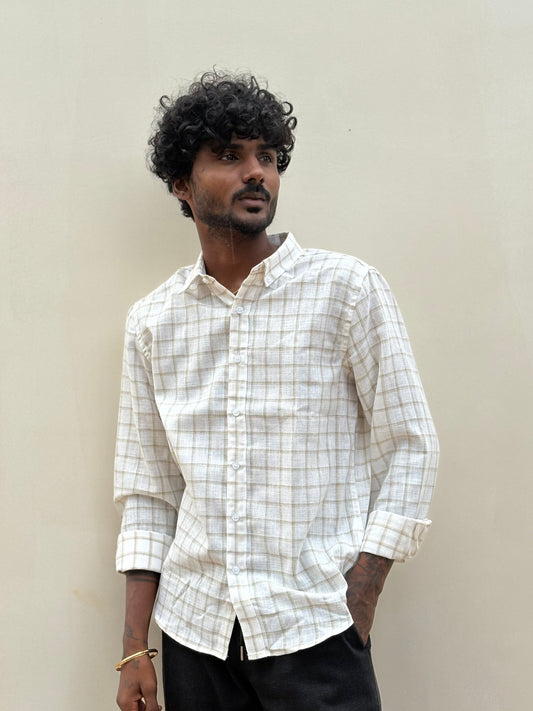 White And Beige Checked Linen Shirt