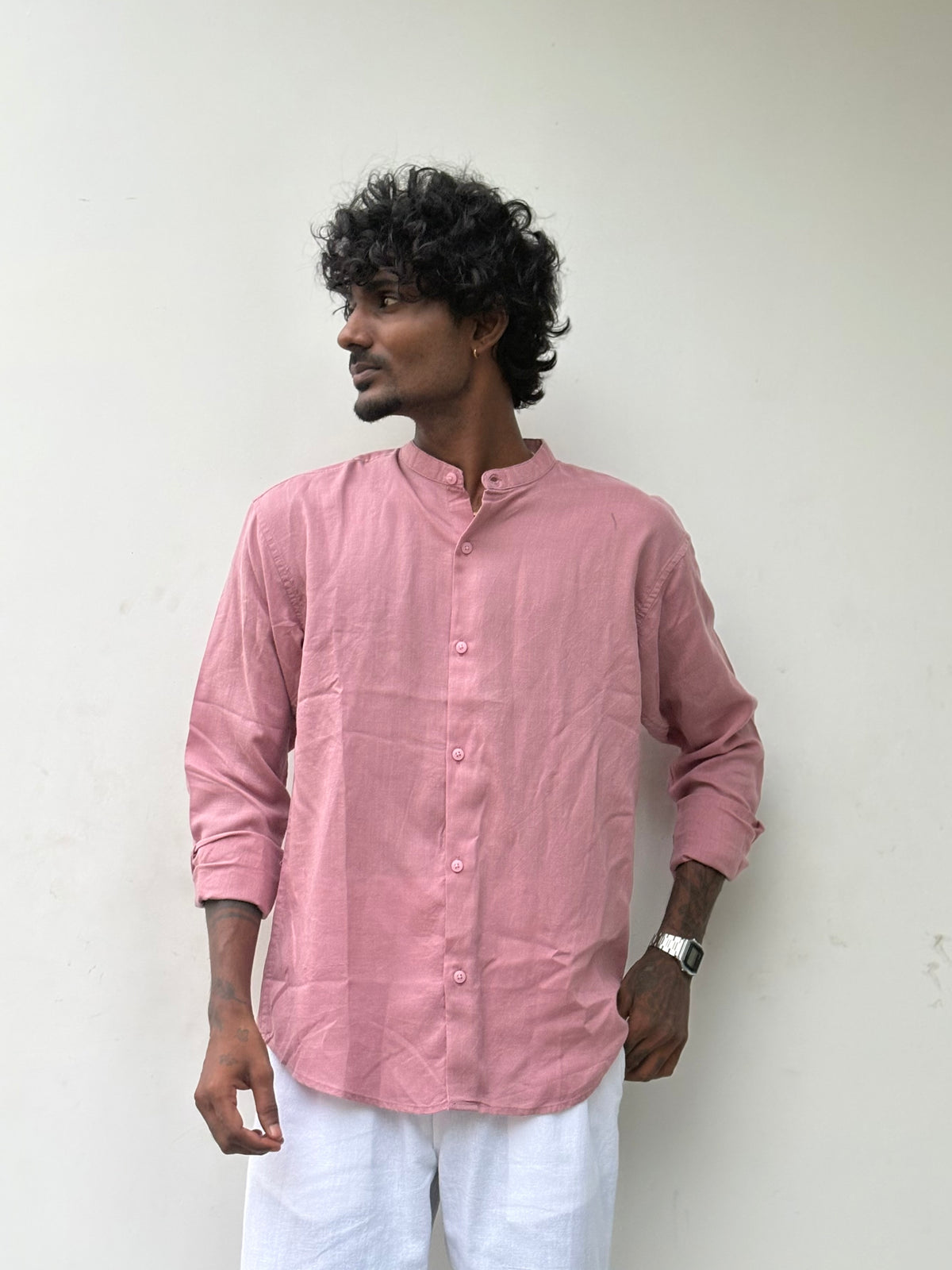 Pink Linen Mandarin Collar Shirt