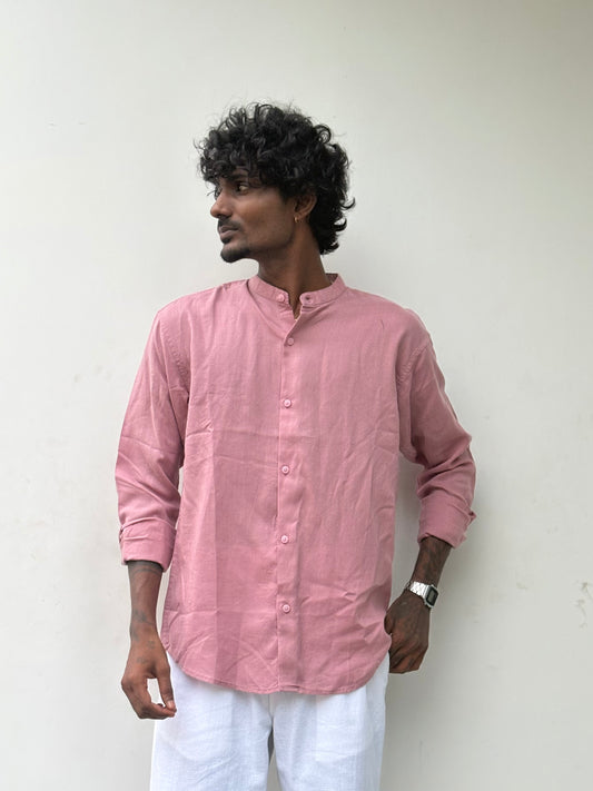 Pink Linen Mandarin Collar Shirt